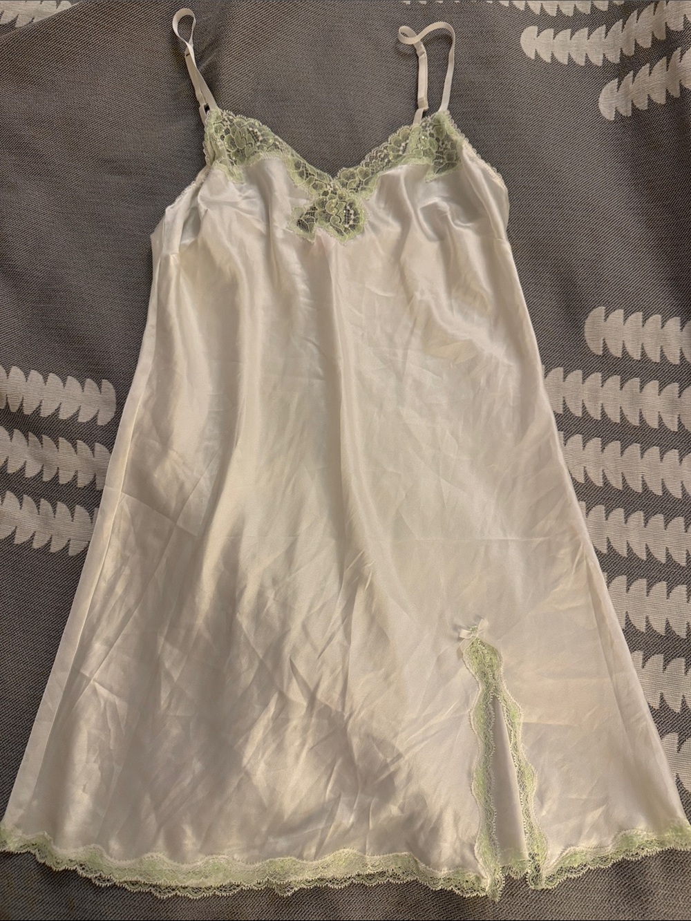 Victoria's Secret White Satin Slip with Pale Green Lace Trim